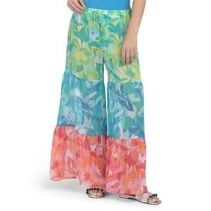 Bleu Rod Beattie Floral Tiered Wide Leg Palazzo Pant Size S Tropical Chiffon NWT